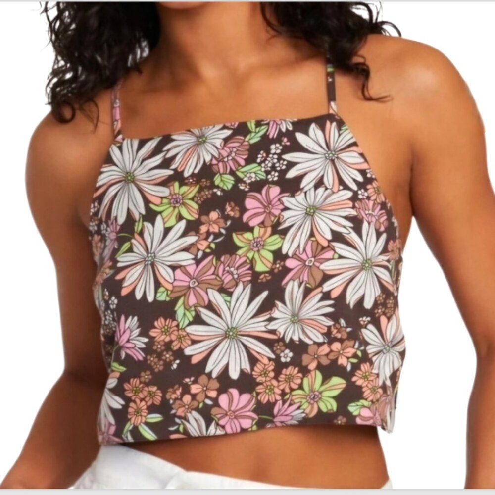 RVCA Sasha Floral Tank Top Cross-Back cutout /Tie back Boho